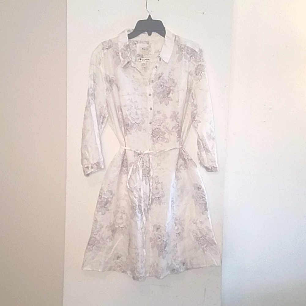 Linnen Shirt Dress - White with Gray Floral Print